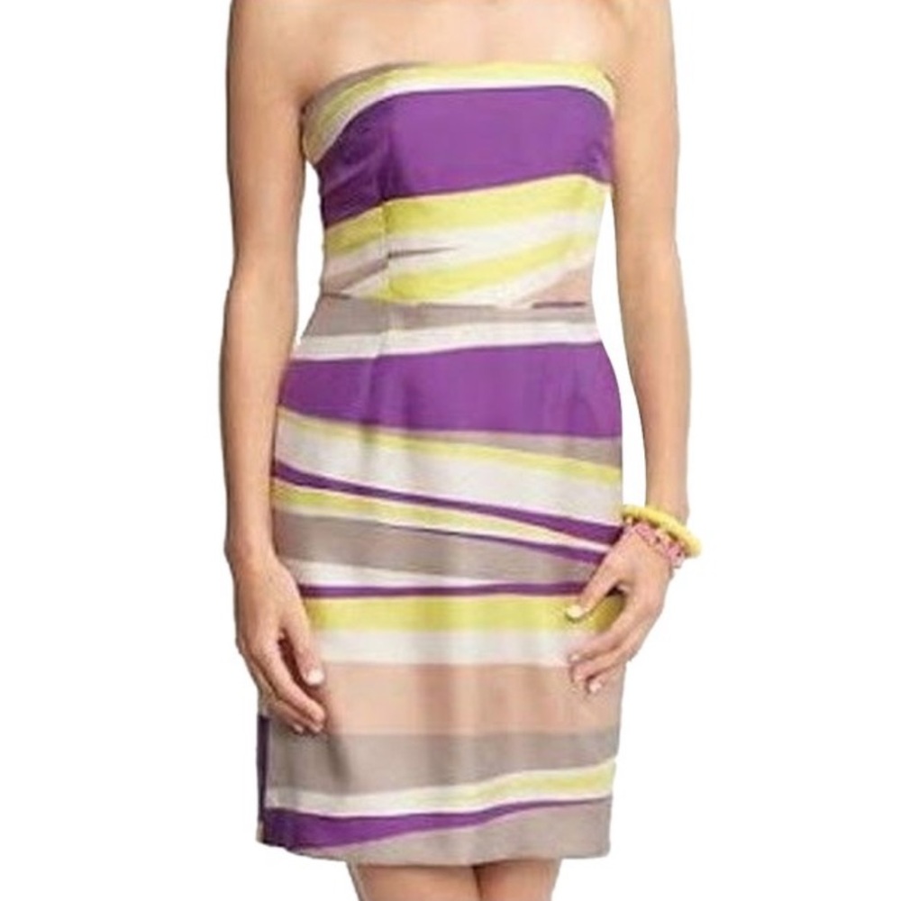NWT Banana Republic Silk Purple Yellow stripe Strapless Cocktail Dress 8P